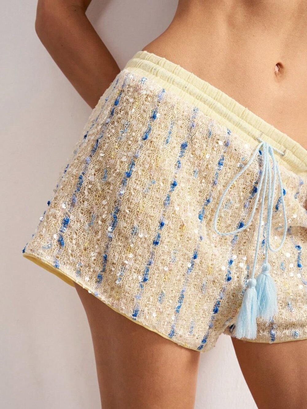 Yellow Party Women's Casual Boho Sequin Knit Beaded Loose Shorts Beach